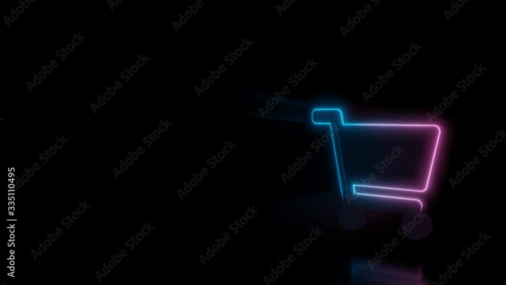 Poster abstract 3d rendering glowing blue purple neon symbol of shopping cart with glowing outlines with ra