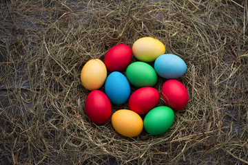Colorful easter eggs in straw nest on wooden background, rustic style, top view, space, horizontal