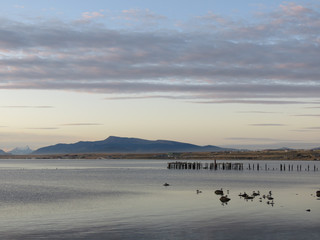 Puerto Natales, Patagonia, Chile: Ultima Esperanza (Last Hope) fjord, sunset and Muelle Viejo (historic pier)