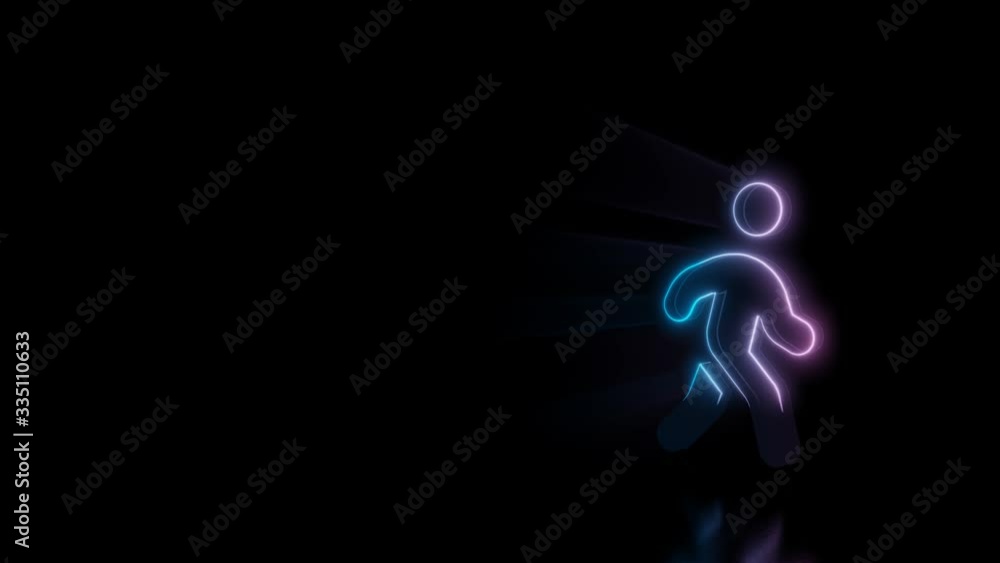 Poster abstract 3d rendering glowing blue purple neon symbol of walking person with glowing outlines with r