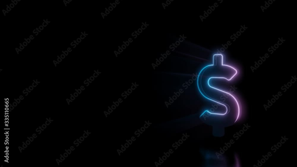 Poster abstract 3d rendering glowing blue purple neon symbol of dollar sign with glowing outlines with rays
