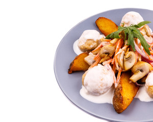 fried potato wedges with mushrooms and white sauce for a restaurant menu1