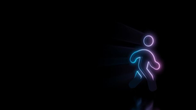 Abstract 3d rendering glowing blue purple neon symbol of walking person with glowing outlines with rays on black background with reflection