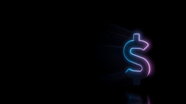 Abstract 3d rendering glowing blue purple neon symbol of dollar sign with glowing outlines with rays on black background with reflection
