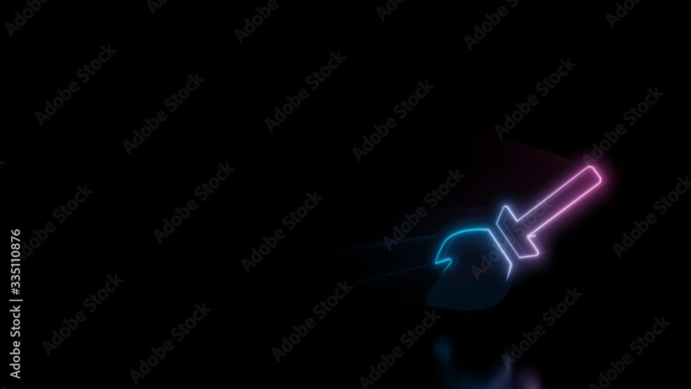 Poster abstract 3d rendering glowing blue purple neon symbol of broom with glowing outlines with rays on bl