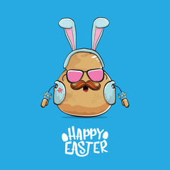 vector rock star easter potato funny cartoon character with blue bunny ears isolated on blue background. rock n roll easter party poster or happy easter greeeting card