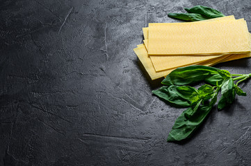 Raw lasagna sheets and Basil leaves. Black background. Top view. Space for text