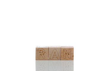 Wooden cubes with letters ran on a white background