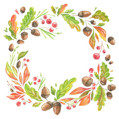 Watercolor drawing of wreath of autumn leaves and acorns. Beautiful round wreath of yellow and red leaves, acorns, berries. Decor for invitations, greeting cards, posters.