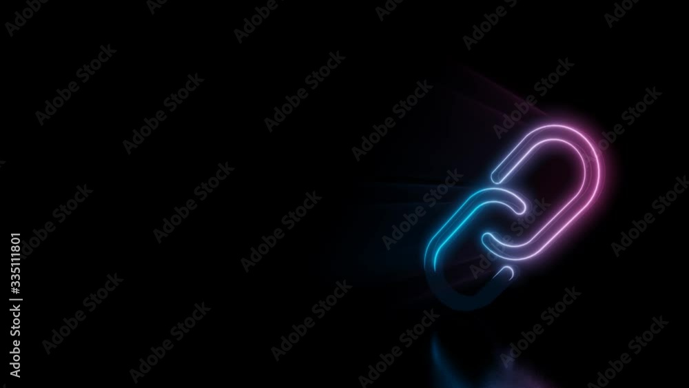 Poster abstract 3d rendering glowing blue purple neon symbol of two thin chain links with glowing outlines 