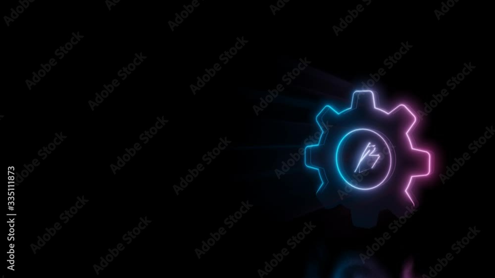 Poster abstract 3d rendering glowing blue purple neon symbol of cogwheel with glowing outlines with rays on