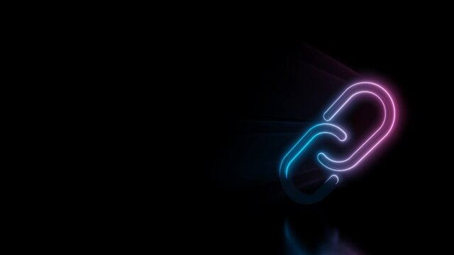 Abstract 3d rendering glowing blue purple neon symbol of two thin chain links with glowing outlines with rays on black background with reflection