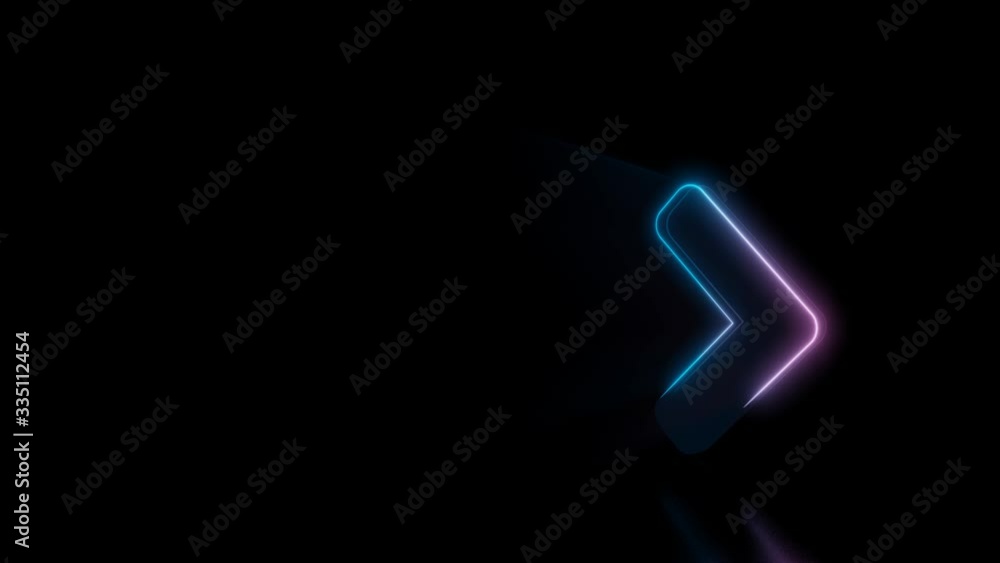 Poster abstract 3d rendering glowing blue purple neon symbol of angle arrow right with glowing outlines wit