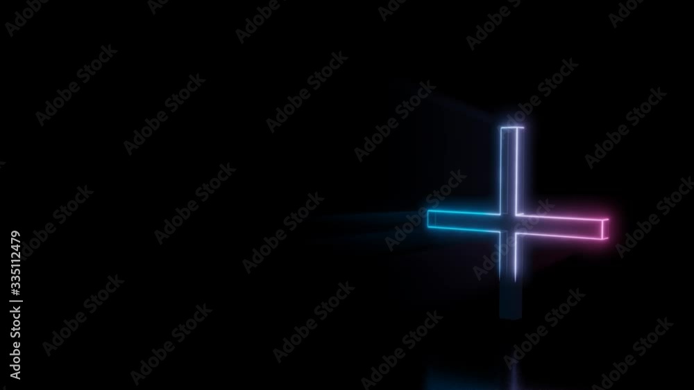 Poster abstract 3d rendering glowing blue purple neon thin plus symbol with glowing outlines with rays on b
