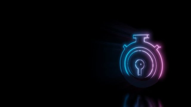 Abstract 3d rendering glowing blue purple neon symbol of circular chronometer with glowing outlines with rays on black background with reflection