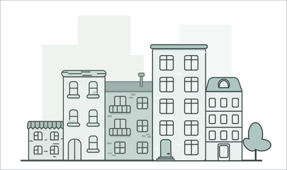 a city street of five houses and a tree. Grey background. Vector