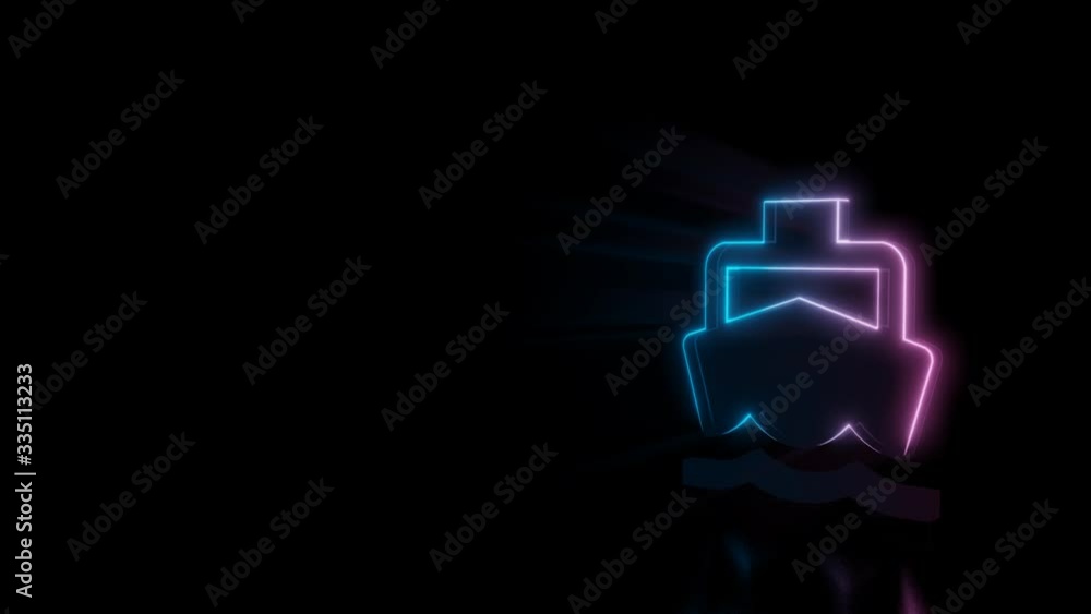 Poster abstract 3d rendering glowing blue purple neon symbol of front view of boat with glowing outlines wi