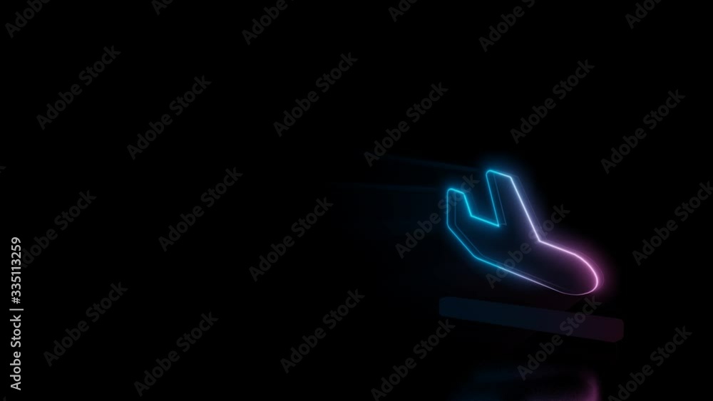 Poster abstract 3d rendering glowing blue purple neon symbol of plane arrival on runway surface with glowin