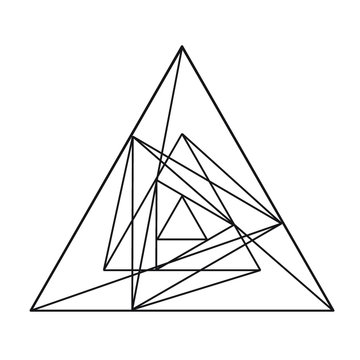 Black vector line sketch tattoo rose flower petals mandala, the swirl in the triangle. Logotype, logo, trade mark, 3d pyramid. Vector image, geometric symbol of the fire triangle on a white background