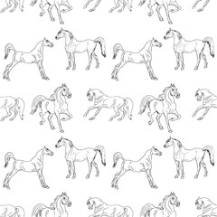 seamless background of pen-drawn horses on a white  background, pattern of isolated drawings