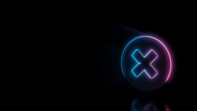 Abstract 3d rendering glowing blue purple neon symbol of times sign in circle with glowing outlines with rays on black background with reflection