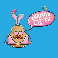 vector rock star easter potato funny cartoon character with blue bunny ears isolated on blue background. rock n roll easter party poster or happy easter greeeting card