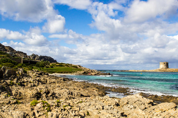 Amazing  view on the old aragonese tower in La Pelosa Beach. Beautifull rocks beach with green grass,  waves with foam and cloudly sky in Stintino, Sardinia, Italy