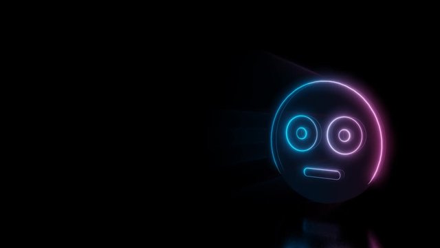 Abstract 3d rendering glowing blue purple neon symbol of flushed emoticon with glowing outlines with rays on black background with reflection