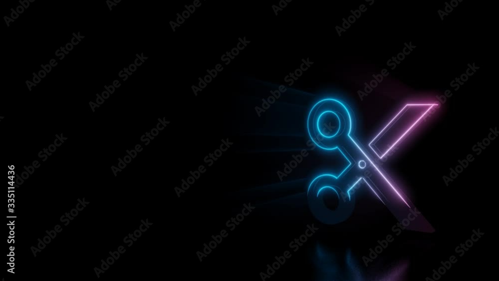 Poster abstract 3d rendering glowing blue purple neon symbol of scissors with glowing outlines with rays on