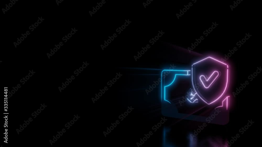 Poster abstract 3d rendering glowing blue purple neon symbol of banknote with shield and check sign with gl