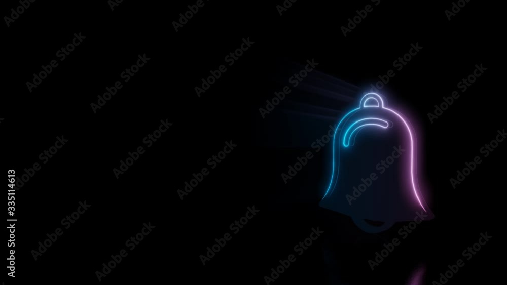 Poster abstract 3d rendering glowing blue purple neon symbol of bell alarm with glowing outlines with rays 