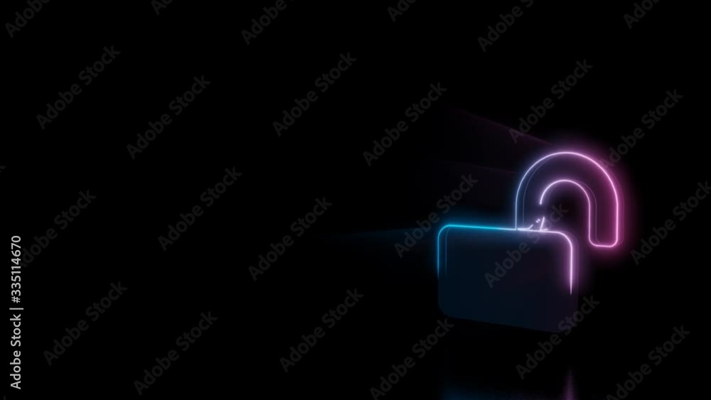 Poster abstract 3d rendering glowing blue purple neon symbol of lock open with glowing outlines with rays o