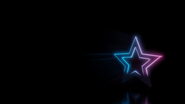 Abstract 3d rendering glowing blue purple neon symbol of bookmark star button with glowing outlines with rays on black background with reflection