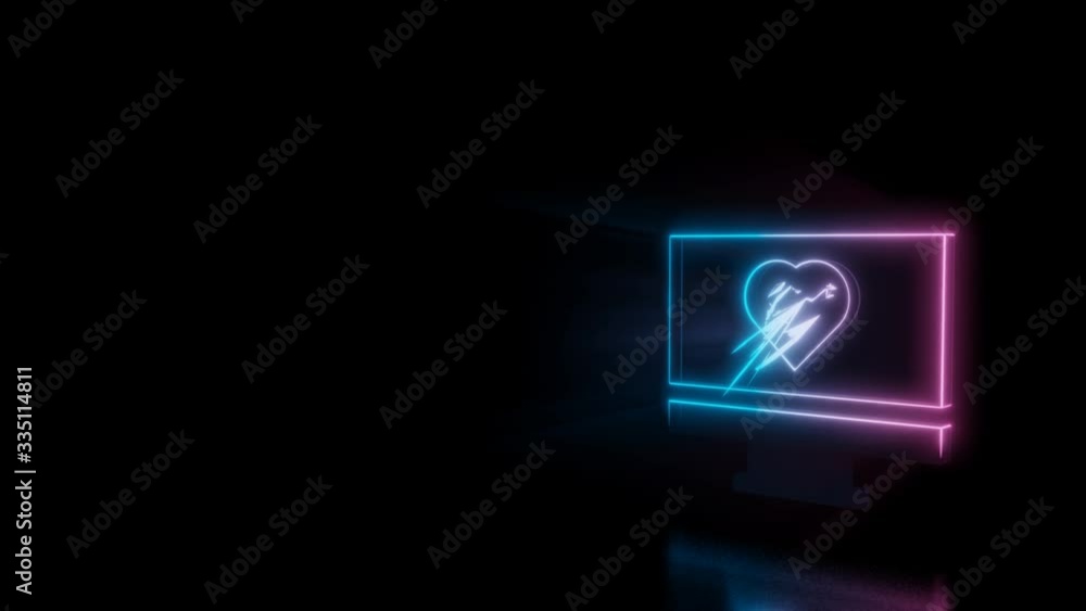 Poster abstract 3d rendering glowing blue purple neon symbol of monitor with heart on screen with glowing o