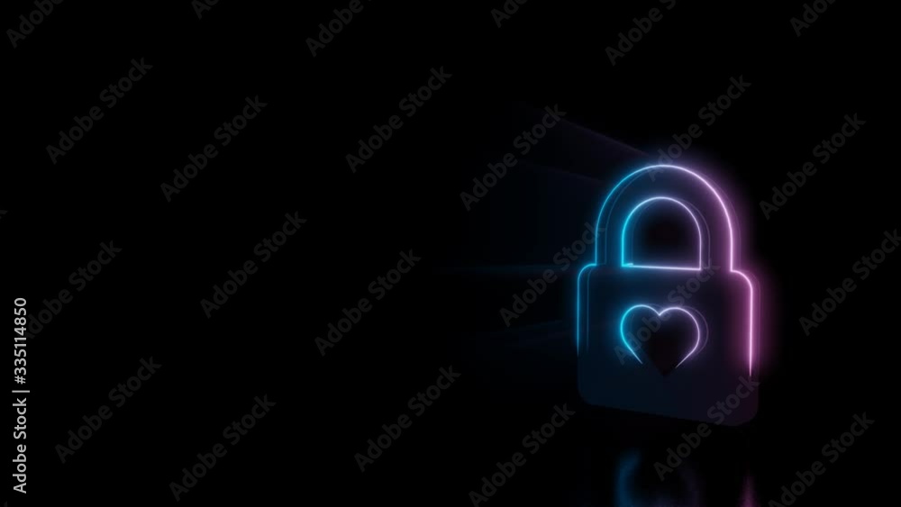 Poster abstract 3d rendering glowing blue purple neon symbol of lock with heart inside with glowing outline