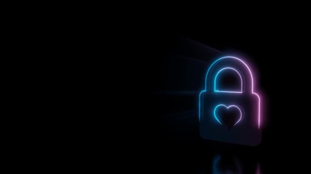 Abstract 3d rendering glowing blue purple neon symbol of lock with heart inside with glowing outlines with rays on black background with reflection