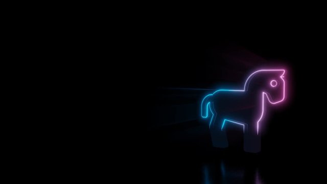 Abstract 3d rendering glowing blue purple neon symbol of horse from profile with glowing outlines with rays on black background with reflection