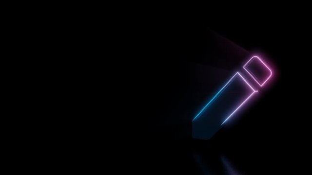 Abstract 3d rendering glowing blue purple neon symbol of pencil with eraser on top with glowing outlines with rays on black background with reflection