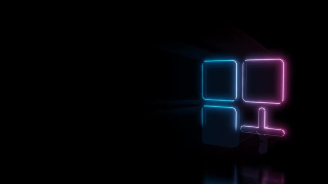 Abstract 3d rendering glowing blue purple neon symbol of mobile application with glowing outlines with rays on black background with reflection