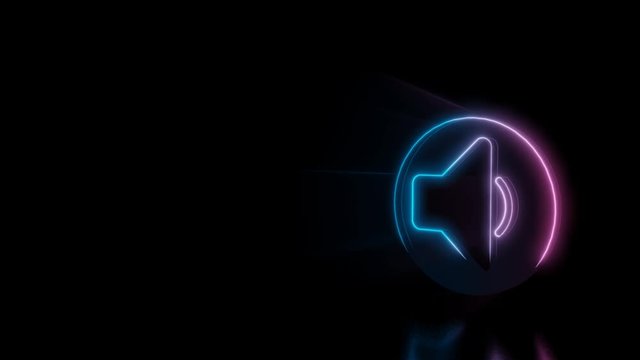 Abstract 3d rendering glowing blue purple neon symbol of speaker in circle low with glowing outlines with rays on black background with reflection