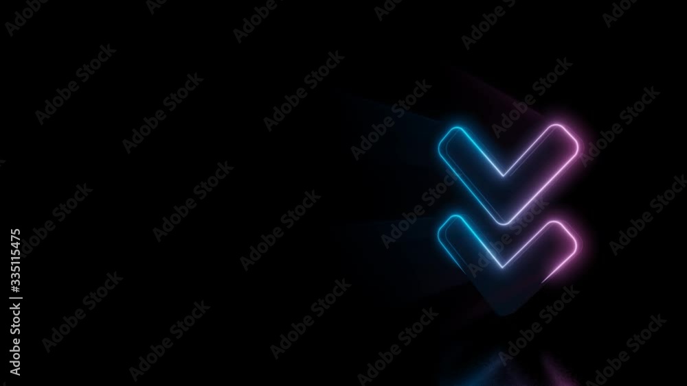 Poster abstract 3d rendering glowing blue purple neon thick symbol of angle double arrow down with rounded 