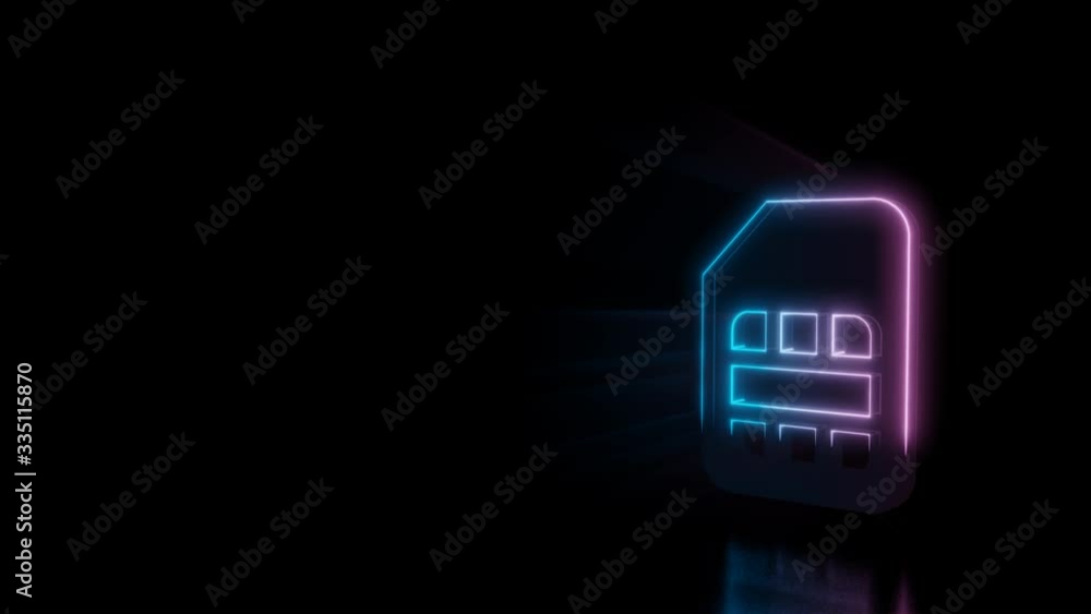 Poster abstract 3d rendering glowing blue purple neon symbol of memory card with glowing outlines with rays