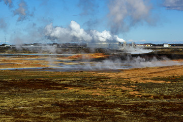Steam rises from the bowels of the earth. Geyser in Iceland. Alternative energy source