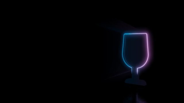 Abstract 3d rendering glowing blue purple neon symbol of wine glass full with glowing outlines with rays on black background with reflection