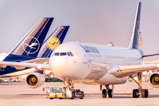 Airplanes of the German carrier Lufthansa are going to to parking on the runways at Frankfurt Airport effecting by the spread of the coronavirus disease, April 2, 2020