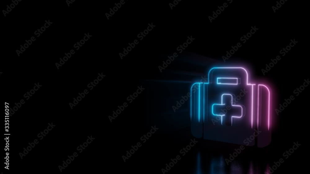 Poster abstract 3d rendering glowing blue purple neon symbol of medical bag with cross with glowing outline