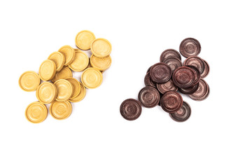 low-end plastic round checkers piece in white background