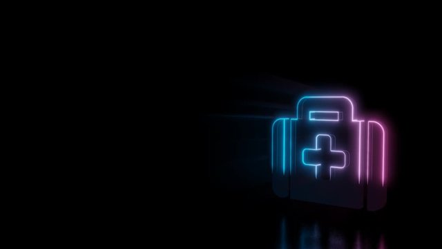 Abstract 3d rendering glowing blue purple neon symbol of medical bag with cross with glowing outlines with rays on black background with reflection