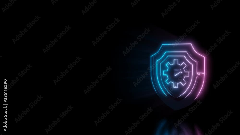 Poster abstract 3d rendering glowing blue purple neon symbol of shield with cogwheel inside with glowing ou