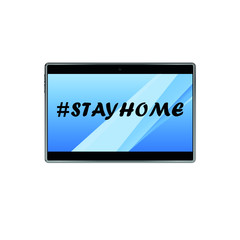 Email family and friends to stay home during the Covid-19 pandemic. Covid-19 flash concept. The inscription on the blue screen of the tablet